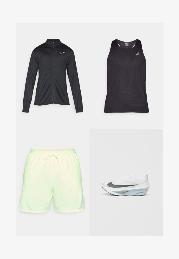 Melna sporta jaka ar garām piedurknēm, apkakli un pilnu rāvējslēdzēju. Uz kreisā krūts augšdaļas ir maigs Nike logo baltā krāsā. Gluda tekstūra.; Melna sporta augšdaļa ar V veida izgriezumu, kurai ir teksturēti ģeometriski raksti un atstarojoša logo augšējā kreisajā pusē. Viegls audums.; Gaiši zaļi skriešanas šorti ar elastīgu jostu un auklu. Augšpusē ir Nike logo apakšējā labajā stilbā un gluda tekstūra.; Baltas sporta apavs ar pelēku sieta augšdaļu, zilas ZoomX putas vidusdaļā un izliekts zole, kas nodrošina uzlabotu propelēšanu un komfortu.