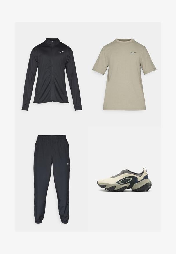 Svart idrettsjakke med lange ermer, krage og full glidelås. Har en subtil Nike-logo i hvitt på øvre venstre bryst. Glatt tekstur.; Grønn t-skjorte med korte ermer laget av mykt stoff, med rund hals og en liten svart Nike-logo på venstre bryst. Enkelt design.; Svarte joggebukser laget av lett stoff med elastisk midje, ankelmanchetter og en diskret Nike-logo på venstre side.; Oakley EDGE ICON - Golfsko - cream/navy