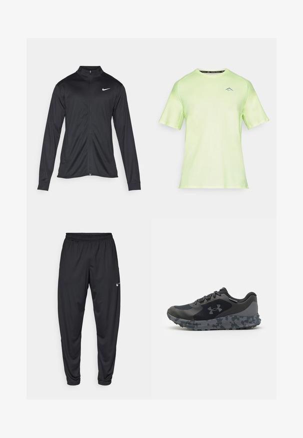Černá sportovní bunda s dlouhými rukávy, límcem a plným zipem. Má decentní bílou logo značky Nike na horní levé části hrudi. Hladká textura.; Světlá neonově zelená atletická trička s krátkým rukávem, s kulatým výstřihem a jemným logem v tmavší barvě na hrudi. Hladká textura látky.; Černé sportovní kalhoty s elastickým pasem, zúženými nohavicemi a malým bílým logem Nike na levém stehně. Hladká látka, bez vzorů.; Černá sportovní bota s texturovaným svrškem, šedou podrážkou v maskáčovém vzoru a plochými tkaničkami. Na boku se nachází logo Under Armour.