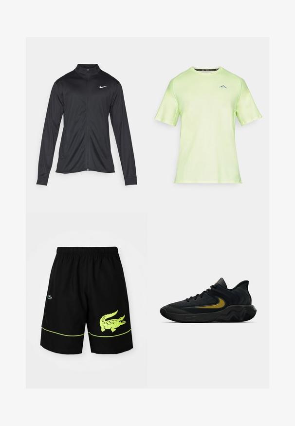 Fekete sportdzseki hosszú ujjal, gallérral és teljes cipzárral. Diszkrét fehér Nike logóval az upper bal mellen. Sima textúra.; Fényes neon zöld rövid ujjú sportpóló, kerek nyakkivágással és finoman látható logóval sötétebb árnyalatban a mellkason. Sima szövettextúra.; Fekete sportnadrág elasztikus derékkal, neon sárga krokodil logó a jobb lábon, kisebb logó a bal lábon, és neon sárga díszítés.; Fekete és sötétszürke sportcipő fekete fűzővel és arany swoosh logóval, hullámos talpformával és párnázott sarokpánttal.