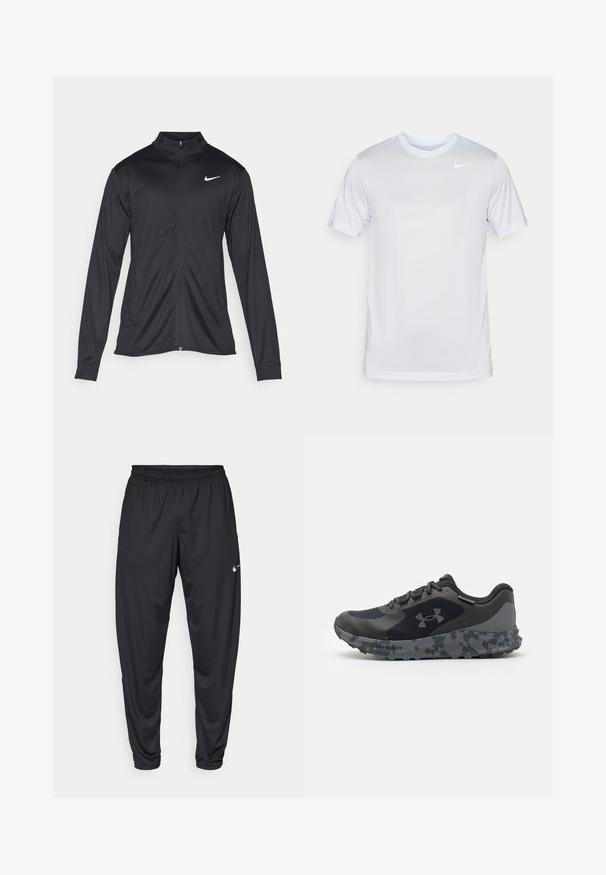 Μαύρο αθλητικό μπουφάν με μακριά μανίκια, γιακά και πλήρη φερμουάρ. Διαθέτει ένα διακριτικό λευκό λογότυπο της Nike στη πάνω αριστερή πλευρά του στήθους. Λείος υφασμάτινος χαρακτήρας.; Nike Performance TEE NEW VENEER - Αθλητικό μπλουζάκι - football grey/pure/white; Μαύρο αθλητικό παντελόνι με ελαστική μέση, στενές γραμμές στα πόδια και ένα μικρό λευκό λογότυπο Nike στο αριστερό μηρό. Λείο ύφασμα, χωρίς σχέδια.; Μαύρο αθλητικό παπούτσι με υφή στην επάνω επιφάνεια, γκρίζα σόλα με σχέδιο καμουφλάζ και επίπεδα κορδόνια. Φέρει το λογότυπο της Under Armour στο πλάι.