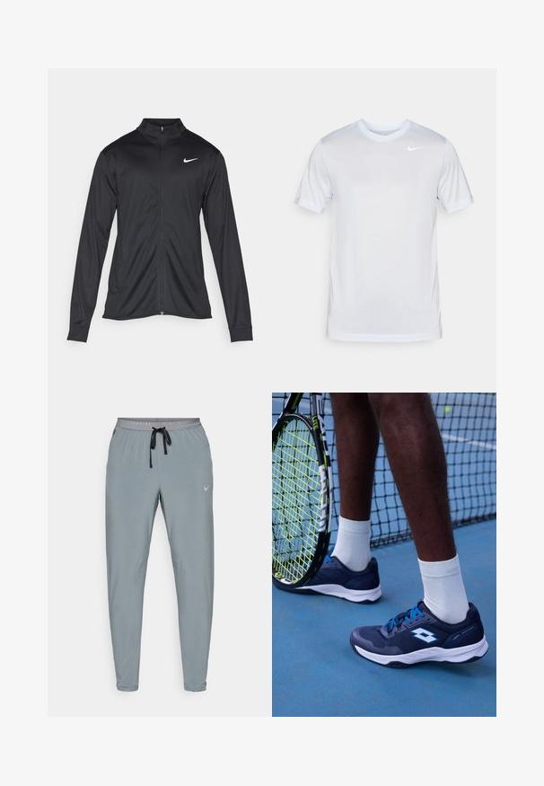 Jacket desportivo preto com mangas longas, colarinho e fecho zip completo. Apresenta um discreto logotipo da Nike em branco na parte superior do lado esquerdo do peito. Textura suave.; Nike Performance TEE NEW VENEER - T-shirt desportiva - football grey/pure/white; Calças de treino cinzas com um corte justo, cintura elástica, cordão e logo subtil da Nike. Feitas de um tecido leve e suave.; Tênis de marinheiro com detalhes azuis, material em malha e sintético, sola com amortecimento, e meias brancas numa quadra azul com uma raquete de tênis.