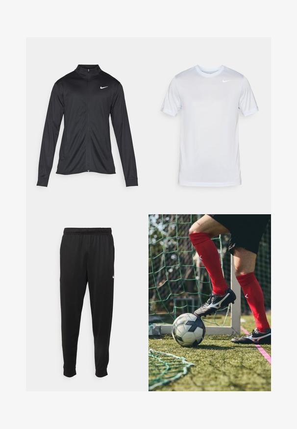 Giacca sportiva nera con maniche lunghe, colletto e zip completa. Presenta un logo Nike in bianco sulla parte superiore del lato sinistro del petto. Tessuto morbido.; Nike Performance TEE NEW VENEER - T-Shirt sport - football grey/pure/white; Pantaloni sportivi neri realizzati in tessuto liscio, con una vita elastica, gambe affusolate e un piccolo logo bianco sul lato sinistro.; Scarpe da calcio nere con dettagli argentati su un campo erboso, calze rosse e un pallone da calcio bianco e nero posizionato sotto il piede.