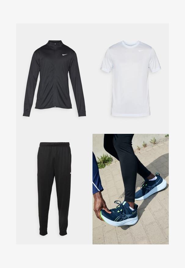 Schwarze Sportjacke mit langen Ärmeln, Kragen und voller Reißverschluss. Verfügt über ein dezentes Nike-Logo in Weiß auf der oberen linken Brust. Glatte Textur.; Nike Performance TEE NEW VENEER - Sport T-Shirt - football grey/pure/white; Schwarze Sporthosen aus glattem Stoff, mit einem elastischen Bund, schmal zulaufenden Beinen und einem kleinen weißen Logo auf der linken Seite.; Dunkelblaue Sportschuhe mit grünen Akzenten, strukturiertem Mesh-Obermaterial und dicker weißer Sohle. Ein Fuß passt den Schuh an, während er auf einem Weg steht.