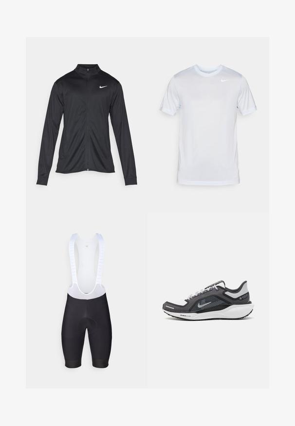 Svart idrettsjakke med lange ermer, krage og full glidelås. Har en subtil Nike-logo i hvitt på øvre venstre bryst. Glatt tekstur.; Nike Performance TEE NEW VENEER - T-skjorte til trening - football grey/pure/white; Svarte sykkel-bibshorts med hvite mesh-brett, glatt tekstur, polstret sitteområde og tettsittende passform for aerodynamisk design.; Svart og grå atletisk sko med mesh-overdel, refleksdetaljer og hvit mellomsåle. Har strukturert gummisåle og lisser.