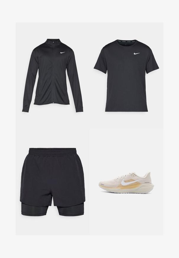 Musta urheilutakki pitkillä hihoilla, kauluksella ja kokonaisella vetoketjulla. Täydentää hienovarainen Nike-logo valkoisena vasemmassa ylärinnassa. Litteä pinta.; Musta Nike juoksupaita, joka on valmistettu kevyestä ja hengittävästä materiaalista. Paidassa on lyhyet hihnat ja pieni valkoinen logo rinnassa.; Musta urheilushortsit, joissa on joustava vyötärö, kerroksellinen muotoilu ja istuva sisävuori. Sujuva pinta, suunniteltu mukavuutta varten.; Nike Performance AIR ZOOM PEGASUS 41 - Katujuoksukengät - light orewood brown/white/sesame