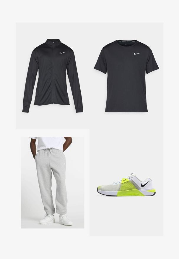 Musta urheilutakki pitkillä hihoilla, kauluksella ja kokonaisella vetoketjulla. Täydentää hienovarainen Nike-logo valkoisena vasemmassa ylärinnassa. Litteä pinta.; Musta Nike juoksupaita, joka on valmistettu kevyestä ja hengittävästä materiaalista. Paidassa on lyhyet hihnat ja pieni valkoinen logo rinnassa.; Mies, joka pitää päällään vaaleanharmaita verkkohousuja, joissa on nyöri, sekä valkoisia lenkkareita, seisoo kädet taskuissa valkoista taustaa vasten.; Valkoinen urheilukenkä, jossa on teksturoitu verkkopinta, kirkkaankeltaiset yksityiskohdat, pehmustettu välikerros ja musta logo sivussa.