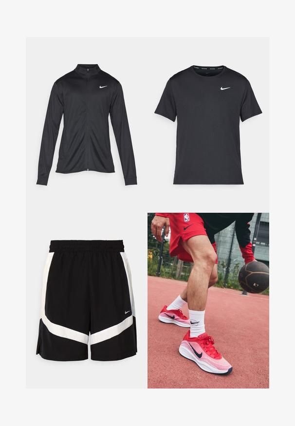 Black athletic jacket with long sleeves, collar, and full zipper. Features a subtle Nike logo in white on the upper left chest. Smooth texture.; Black Nike running T-shirt made of lightweight, breathable material, featuring short sleeves and a small white logo on the chest.; Black athletic shorts with an elastic waistband, featuring white diagonal stripe accents and split side hems. Made from lightweight fabric.; Red lightweight basketball shoes with mesh design and contrasting navy accents, paired with white socks featuring a black logo.