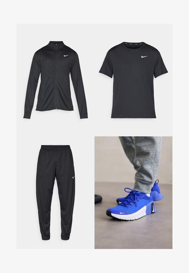 Svart idrottsjacka med långa ärmar, krage och full dragkedja. Har en diskret Nike-logga i vitt på övre vänstra bröstet. Slät yta.; Svart Nike löpeshirt i lätt, andningsbart material, med korta ärmar och en liten vit logotyp på bröstet.; Svarta träningsbyxor med elastisk midja, smalnande ben och en liten vit Nike-logga på vänster lår. Slät tyg, utan mönster.; Blå idrottsskor med en texturerad tygöverdel, vit sula och svarta detaljer. Har snören och en strömlinjeformad, ergonomisk design.