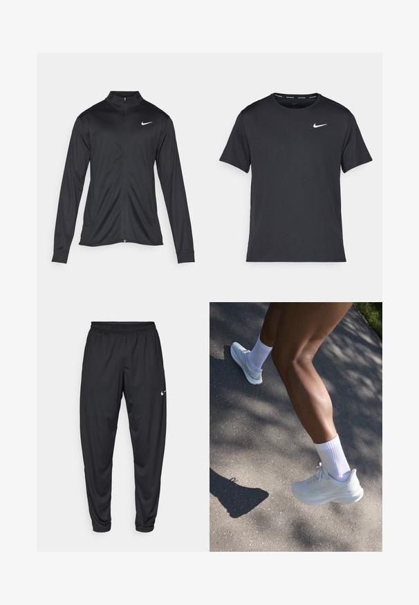 Melna sporta jaka ar garām piedurknēm, apkakli un pilnu rāvējslēdzēju. Uz kreisā krūts augšdaļas ir maigs Nike logo baltā krāsā. Gluda tekstūra.; Melna Nike skriešanas T-kreklā, kas izgatavots no viegla un elpojoša materiāla, ar īsām piedurknēm un mazu baltu logo uz krūtīm.; Melnas sporta bikses ar elastīgu jostasvietu, sašaurinātām kājām un mazu baltu Nike logotipu kreisajā augšstilbā. Gluda auduma, bez rakstiem.; Baltie sporta apavi ar teksturētu virsu, šņorēm un mīkstu zoli, apvienoti ar baltām potīšu zeķēm, uz pelēka seguma fona.