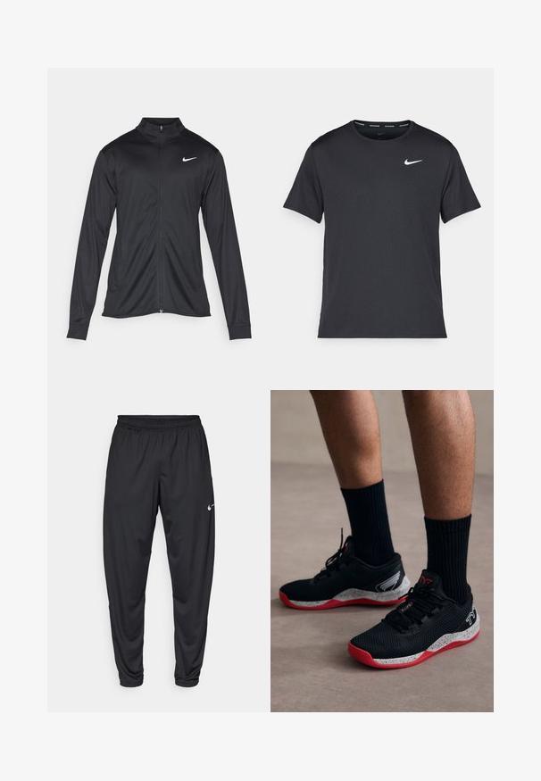 Črna atletska jakna z dolgimi rokavi, ovratnikom in polnim zadrgo. Vključuje diskreten bel Nike logotip na zgornjem levem delu prsnega koša. Gladka tekstura.; Črna tekaška majica Nike, izdelana iz lahkega in zračnega materiala, z kratkimi rokavi in majhnim belim logotipom na prsih.; Črne športne hlače z elastičnim pasom, z ozkimi nogami in majhnim belim logotipom Nike na levem stegnu. Gladek material, brez vzorcev.; TYR CXT2 - Trening copati - black/red