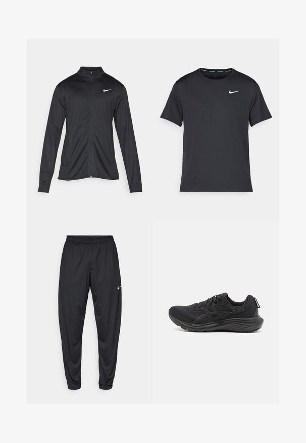 Jacket desportivo preto com mangas longas, colarinho e fecho zip completo. Apresenta um discreto logotipo da Nike em branco na parte superior do lado esquerdo do peito. Textura suave.; T-shirt de corrida Nike preto, feito de material leve e respirável, com mangas curtas e um pequeno logo branco no peito.; Calças de atletismo pretas com um cós elástico, pernas afuniladas e um pequeno logo branco da Nike na coxa esquerda. Tecido liso, sem padrões.; Tênis atléticos pretos feitos de malha e materiais sintéticos, com um cabedal texturizado, design com atacadores e uma sola acolchoada com uma aba.