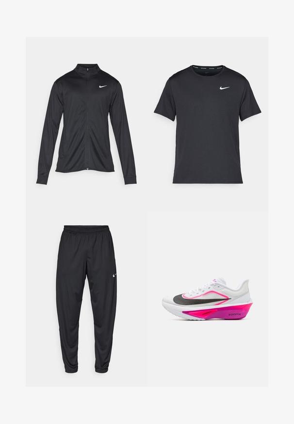 Must värvi sportlik jakk pikkade varrukatega, krae ja täispikk tõmblukk. Ülemises vasakus rinnas on diskreetne valge Nike logo. Sile tekstuur.; Mustamust Nike'i jooksupaita, mis on valmistatud kergest ja hingavast materjalist, lühikeste varrukatega ja mille rinnal on väike valge logo.; Mustad sportpüksid elastse vöökoha, kitsenevate jalgade ja väikese valge Nike logo'ga vasakul reitel. Sile kangas, ilma mustriteta.; Nike Performance ZOOM FLY 6 - Maanteejooksu jalatsid - white/black/vivid grape/hyper pink/hydrangeas/dark raisin