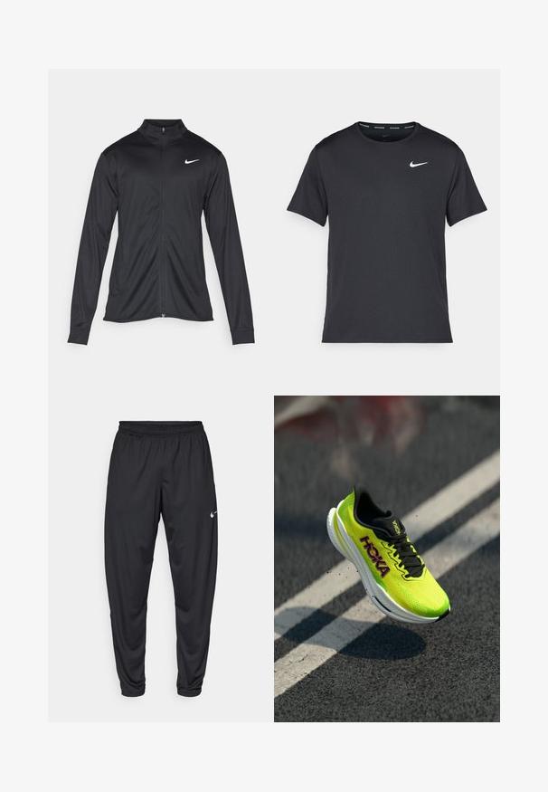 Musta urheilutakki pitkillä hihoilla, kauluksella ja kokonaisella vetoketjulla. Täydentää hienovarainen Nike-logo valkoisena vasemmassa ylärinnassa. Litteä pinta.; Musta Nike juoksupaita, joka on valmistettu kevyestä ja hengittävästä materiaalista. Paidassa on lyhyet hihnat ja pieni valkoinen logo rinnassa.; Mustat urheiluhousut, joissa on joustava vyötärö, kapenevat lahkeet ja pieni valkoinen Nike-logo vasemmassa reidessä. Tasainen kangas, ei kuvioita.; Hoka juoksukengät kirkkaassa neon keltaisessa verkkomateriaalissa, mustilla yksityiskohdilla ja valkoisella välipohjalla, joissa on virtaviivainen muotoilu ja teksturoitu pinta.