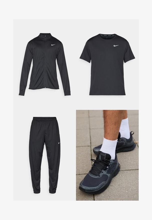 Sort atletisk jakke med lange ærmer, krave og fuld lynlås. Har et diskret Nike-logo i hvidt på den øverste venstre side af brystet. Glat tekstur.; Sort Nike løbe T-shirt lavet af let, åndbart materiale, med korte ærmer og et lille hvidt logo på brystet.; Sorte atletiske bukser med elastisk talje, snævre ben og et lille hvidt Nike-logo på venstre lår. Glat stof, ingen mønstre.; New Balance FRESH FOAM X HIERRO V8 - Løbesko trail - black