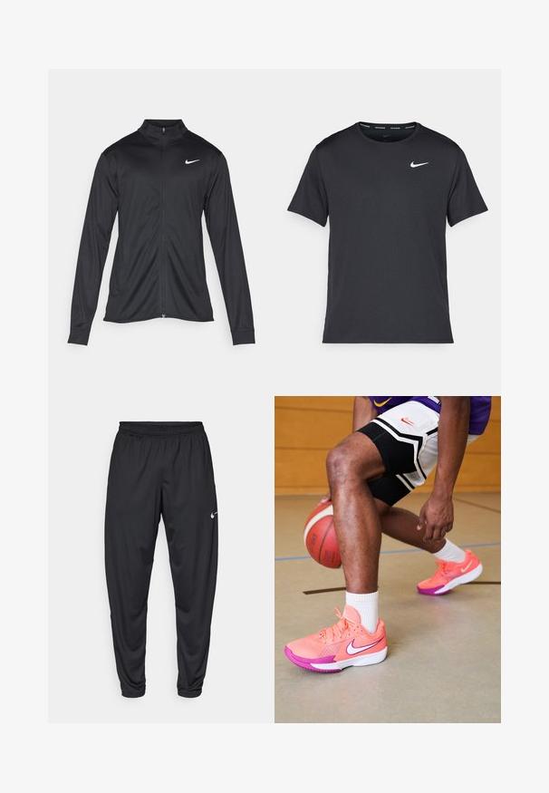 Črna atletska jakna z dolgimi rokavi, ovratnikom in polnim zadrgo. Vključuje diskreten bel Nike logotip na zgornjem levem delu prsnega koša. Gladka tekstura.; Črna tekaška majica Nike, izdelana iz lahkega in zračnega materiala, z kratkimi rokavi in majhnim belim logotipom na prsih.; Črne športne hlače z elastičnim pasom, z ozkimi nogami in majhnim belim logotipom Nike na levem stegnu. Gladek material, brez vzorcev.; Nike košarkaški čevlji v svetlo roza in vijolični barvi z mrežastimi detajli, ki imajo bel logo in teksturirane podplate, na parketu.