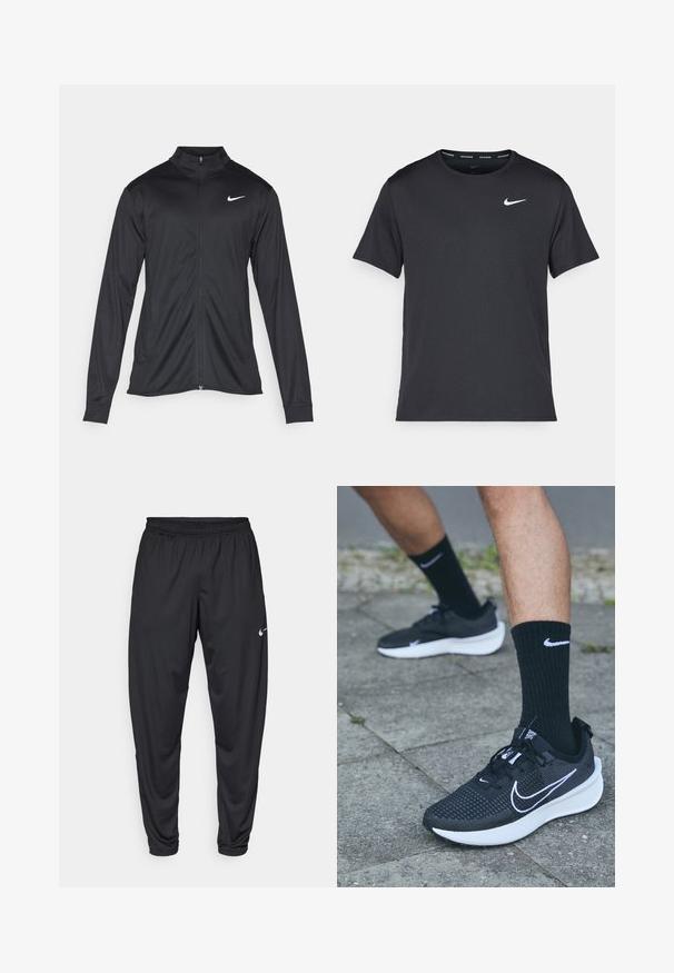 Black athletic jacket with long sleeves, collar, and full zipper. Features a subtle Nike logo in white on the upper left chest. Smooth texture.; Black Nike running T-shirt made of lightweight, breathable material, featuring short sleeves and a small white logo on the chest.; Black athletic pants with an elastic waistband, tapered legs, and a small white Nike logo on the left thigh. Smooth fabric, no patterns.; Nike Performance INTERACT RUN - Trail running shoes - black/white/anthracite
