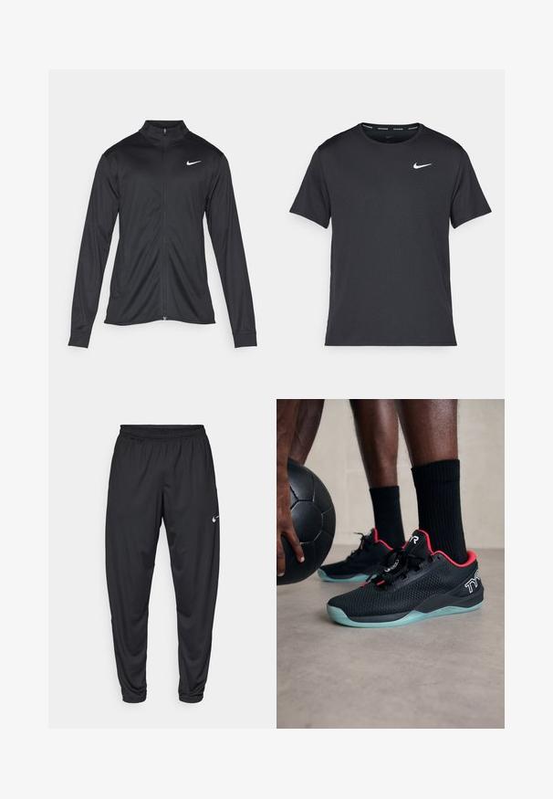 Schwarze Sportjacke mit langen Ärmeln, Kragen und voller Reißverschluss. Verfügt über ein dezentes Nike-Logo in Weiß auf der oberen linken Brust. Glatte Textur.; Schwarzes Nike Lauft-Shirt aus leichtem, atmungsaktivem Material, mit kurzen Ärmeln und einem kleinen weißen Logo auf der Brust.; Schwarze Sporthose mit elastischem Bund, schmal zulaufenden Beinen und kleinem weißen Nike-Logo auf dem linken Oberschenkel. Glattes Material, ohne Muster.; Schwarze Sportschuhe mit roten Akzenten, Netz-Obermaterial, Schnürdesign und einer hellblauen durchsichtigen Sohle, neben einem schwarzen Ball.
