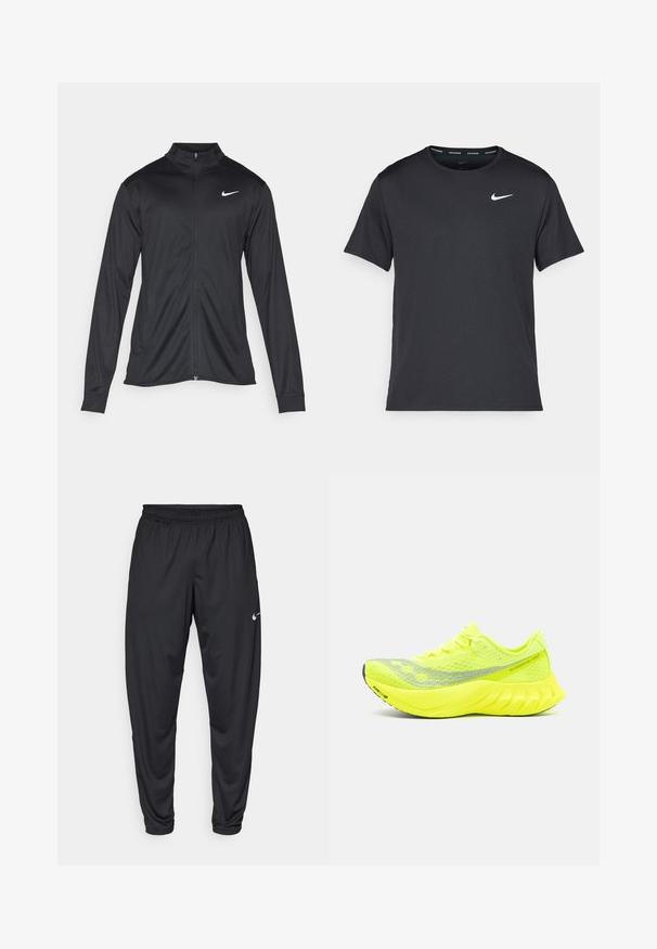 Veste de sport noire à manches longues, avec col et fermeture éclair intégrale. Présente un logo Nike subtil en blanc sur le côté supérieur gauche de la poitrine. Texture lisse.; T-shirt de course noir Nike en matériau léger et respirant, avec des manches courtes et un petit logo blanc sur la poitrine.; Pantalon de sport noir avec une taille élastique, des jambes fuselées et un petit logo Nike blanc sur la cuisse gauche. Tissu lisse, sans motifs.; Saucony ENDORPHIN PRO 4 - Chaussures de running sur route - citron/silver
