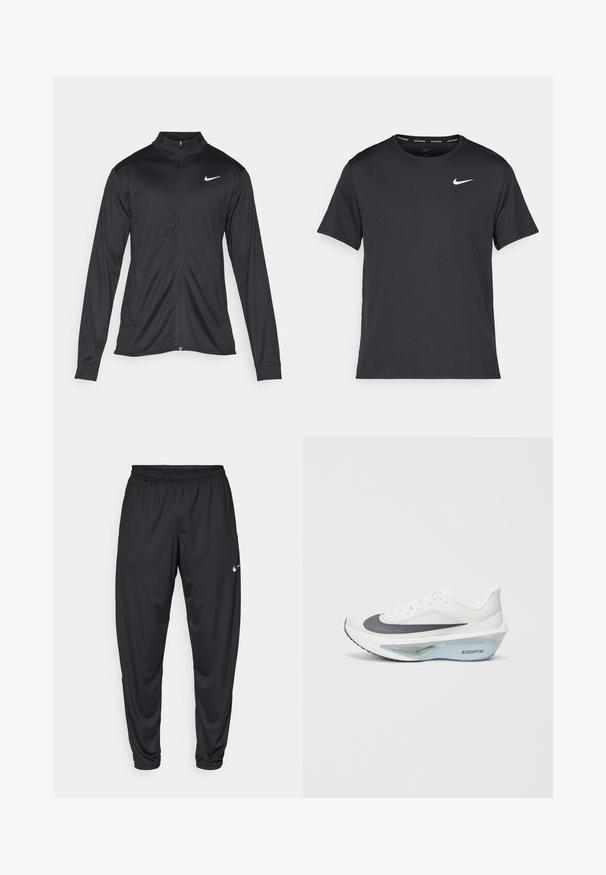 Svart idrottsjacka med långa ärmar, krage och full dragkedja. Har en diskret Nike-logga i vitt på övre vänstra bröstet. Slät yta.; Svart Nike löpeshirt i lätt, andningsbart material, med korta ärmar och en liten vit logotyp på bröstet.; Svarta träningsbyxor med elastisk midja, smalnande ben och en liten vit Nike-logga på vänster lår. Slät tyg, utan mönster.; Vit sportssko med ett grått mesh-övre, en blå ZoomX-skum mellansula och en böjd sula för ökad drivkraft och komfort.