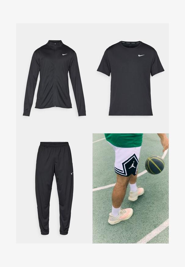 Must värvi sportlik jakk pikkade varrukatega, krae ja täispikk tõmblukk. Ülemises vasakus rinnas on diskreetne valge Nike logo. Sile tekstuur.; Mustamust Nike'i jooksupaita, mis on valmistatud kergest ja hingavast materjalist, lühikeste varrukatega ja mille rinnal on väike valge logo.; Mustad sportpüksid elastse vöökoha, kitsenevate jalgade ja väikese valge Nike logo'ga vasakul reitel. Sile kangas, ilma mustriteta.; Mustvalged korvpallishortsid, millel on rombikujuline mustriga kujundus ja logo. Heledad tenniseketsid, millel on keerlev muster ja aktsentjooned. Korvpall liikumises.
