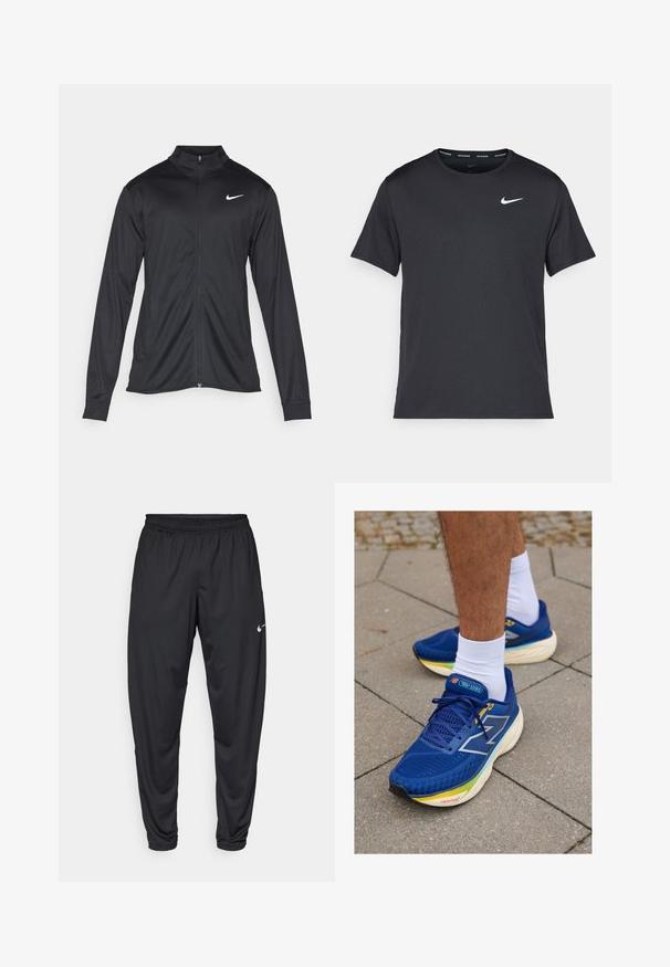 Črna atletska jakna z dolgimi rokavi, ovratnikom in polnim zadrgo. Vključuje diskreten bel Nike logotip na zgornjem levem delu prsnega koša. Gladka tekstura.; Črna tekaška majica Nike, izdelana iz lahkega in zračnega materiala, z kratkimi rokavi in majhnim belim logotipom na prsih.; Črne športne hlače z elastičnim pasom, z ozkimi nogami in majhnim belim logotipom Nike na levem stegnu. Gladek material, brez vzorcev.; Modre športne čevlje z mrežasto zgornjim delom, z odsevnimi poudarki, belimi vezalkami in oblazinjeno podplatom v več barvah. Nosi se z belimi nogavicami.