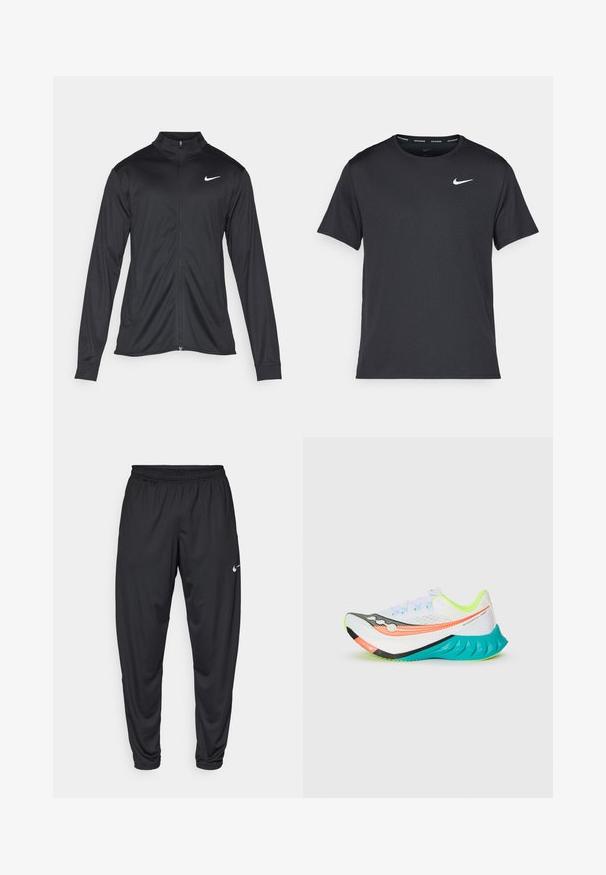 Jacket desportivo preto com mangas longas, colarinho e fecho zip completo. Apresenta um discreto logotipo da Nike em branco na parte superior do lado esquerdo do peito. Textura suave.; T-shirt de corrida Nike preto, feito de material leve e respirável, com mangas curtas e um pequeno logo branco no peito.; Calças de atletismo pretas com um cós elástico, pernas afuniladas e um pequeno logo branco da Nike na coxa esquerda. Tecido liso, sem padrões.; Sapatilha de corrida branca com acentos de sola em laranja, preto e turquesa, forro interior amarelo neon e parte superior em malha, num fundo simples.