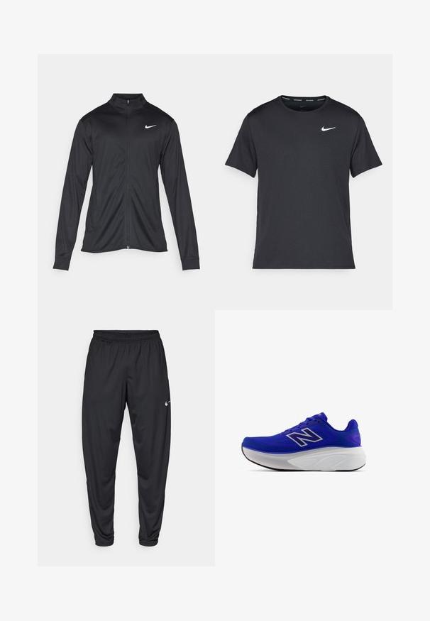 Jacket desportivo preto com mangas longas, colarinho e fecho zip completo. Apresenta um discreto logotipo da Nike em branco na parte superior do lado esquerdo do peito. Textura suave.; T-shirt de corrida Nike preto, feito de material leve e respirável, com mangas curtas e um pequeno logo branco no peito.; Calças de atletismo pretas com um cós elástico, pernas afuniladas e um pequeno logo branco da Nike na coxa esquerda. Tecido liso, sem padrões.; Ténis atléticos roxos com parte superior em malha respirável, entressola branca curva e sola preta. Acento de logótipo prateado na lateral.