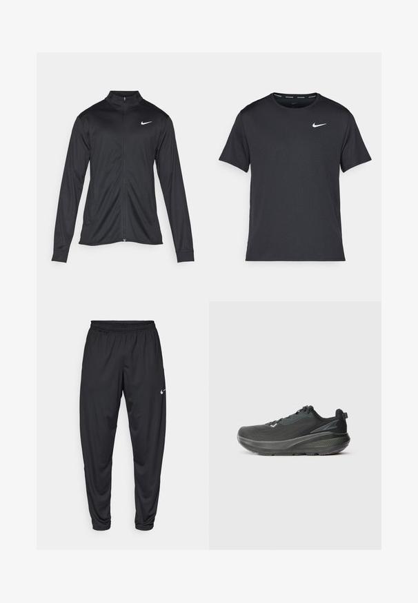 Jacket desportivo preto com mangas longas, colarinho e fecho zip completo. Apresenta um discreto logotipo da Nike em branco na parte superior do lado esquerdo do peito. Textura suave.; T-shirt de corrida Nike preto, feito de material leve e respirável, com mangas curtas e um pequeno logo branco no peito.; Calças de atletismo pretas com um cós elástico, pernas afuniladas e um pequeno logo branco da Nike na coxa esquerda. Tecido liso, sem padrões.; Sapatilha atlética preta com parte superior em malha respirável, sola texturizada e um design de entressola que oferece suporte. Presentes detalhes reflectores.