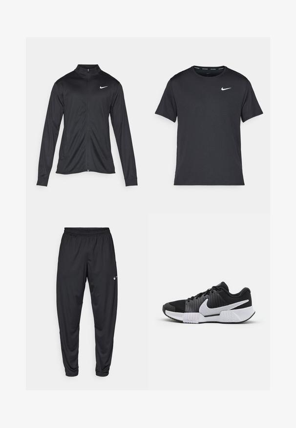 Jacket desportivo preto com mangas longas, colarinho e fecho zip completo. Apresenta um discreto logotipo da Nike em branco na parte superior do lado esquerdo do peito. Textura suave.; T-shirt de corrida Nike preto, feito de material leve e respirável, com mangas curtas e um pequeno logo branco no peito.; Calças de atletismo pretas com um cós elástico, pernas afuniladas e um pequeno logo branco da Nike na coxa esquerda. Tecido liso, sem padrões.; Ténis atléticos em preto e branco com um material texturizado na parte superior, calcanhar reforçado e um logo swoosh destacado. Sola plana com tração padrão.