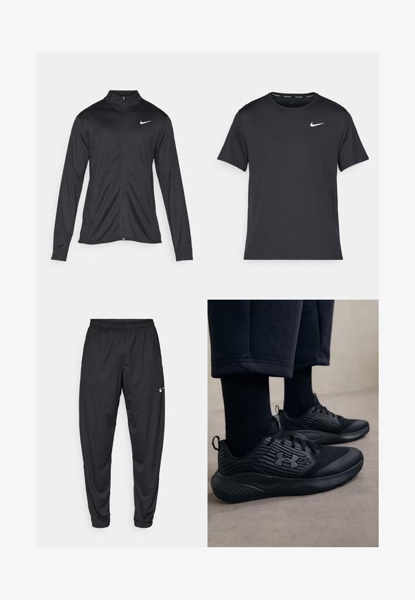Jacket desportivo preto com mangas longas, colarinho e fecho zip completo. Apresenta um discreto logotipo da Nike em branco na parte superior do lado esquerdo do peito. Textura suave.; T-shirt de corrida Nike preto, feito de material leve e respirável, com mangas curtas e um pequeno logo branco no peito.; Calças de atletismo pretas com um cós elástico, pernas afuniladas e um pequeno logo branco da Nike na coxa esquerda. Tecido liso, sem padrões.; Pessoa a usar ténis de desporto pretos com lados texturizados e logótipo, combinados com meias pretas e calças curtas num chão claro.