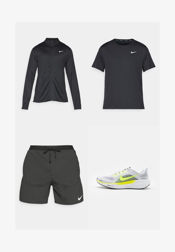 Zwarte sportjack met lange mouwen, kraag en volle rits. Voorzien van een subtiele Nike-logo in het wit op de bovenste linkerborst. Soepele textuur.; Zwarte Nike hardloop T-shirt gemaakt van lichtgewicht, ademend materiaal, met korte mouwen en een klein wit logo op de borst.; Zwarte hardloopshorts met een elastische tailleband, trekkoord, zijzakken en een wit Nike-logo op het linkeronderbeen.; Nike Performance AIR ZOOM PEGASUS 41 - Hardloopschoenen voor op de weg - white/volt black