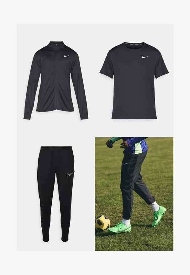 Giacca sportiva nera con maniche lunghe, colletto e zip completa. Presenta un logo Nike in bianco sulla parte superiore del lato sinistro del petto. Tessuto morbido.; Maglietta da corsa Nike nera realizzata in materiale leggero e traspirante, con maniche corte e un piccolo logo bianco sul petto.; Jogging neri sportivi con cintura elastica, vestibilità slim e logo Nike bianco sul lato sinistro. Tessuto morbido con una texture liscia.; Scarpe da calcio Nike verdi su erba con tuta nera e calzini bianchi. Un pallone da calcio giallo e nero nelle vicinanze. Focus su abbigliamento sportivo casual.