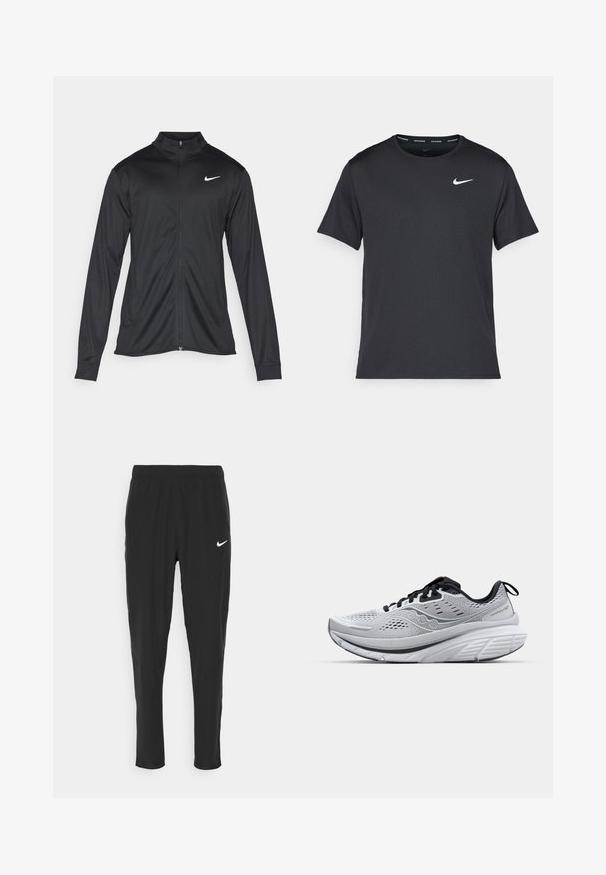 Giacca sportiva nera con maniche lunghe, colletto e zip completa. Presenta un logo Nike in bianco sulla parte superiore del lato sinistro del petto. Tessuto morbido.; Maglietta da corsa Nike nera realizzata in materiale leggero e traspirante, con maniche corte e un piccolo logo bianco sul petto.; Pantaloni sportivi neri realizzati in tessuto leggero, con vita elasticizzata e logo Nike bianco sulla coscia sinistra.; Scarpe da corsa leggere in mesh grigio, con colletto imbottito, dettagli neri e una suola intermedia bianca spessa con suola a grip testurizzato.