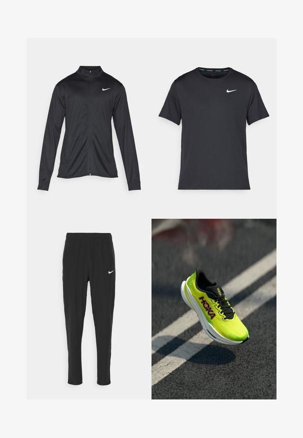 Chaqueta atlética negra con mangas largas, collar y cremallera completa. Presenta un sutil logo de Nike en blanco en la parte superior izquierda del pecho. Textura suave.; Camiseta de running negra de Nike, hecha de material ligero y transpirable, con mangas cortas y un pequeño logo blanco en el pecho.; Pantalones deportivos negros hechos de una tela liviana, con una cintura elástica y un logo de Nike en blanco en el muslo izquierdo.; Zapatilla de correr Hoka con una parte superior de malla en un brillante color amarillo neón, detalles en negro y una entresuela blanca, que presenta un diseño aerodinámico y una superficie texturizada.