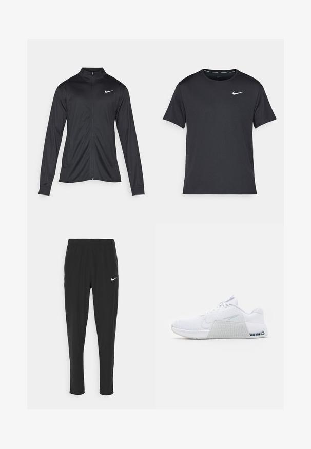 Giacca sportiva nera con maniche lunghe, colletto e zip completa. Presenta un logo Nike in bianco sulla parte superiore del lato sinistro del petto. Tessuto morbido.; Maglietta da corsa Nike nera realizzata in materiale leggero e traspirante, con maniche corte e un piccolo logo bianco sul petto.; Pantaloni sportivi neri realizzati in tessuto leggero, con vita elasticizzata e logo Nike bianco sulla coscia sinistra.; Scarpa sportiva bianca con tomaia in rete, tallone rinforzato, accento grigio testurizzato sul lato e ammortizzazione ad aria visibile nella suola.