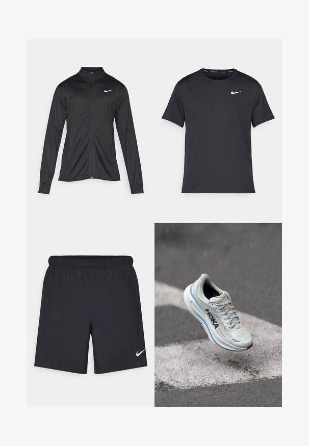 Fekete sportdzseki hosszú ujjal, gallérral és teljes cipzárral. Diszkrét fehér Nike logóval az upper bal mellen. Sima textúra.; Fekete Nike futó póló, könnyű, légáteresztő anyagból készült, rövid ujjú, és a mellkasán egy kicsi fehér logó található.; Fekete sportnadrág könnyű anyagból, rugalmas derékkal. A bal alsó oldalon egy kis fehér Nike-logó található.; Világosszürke futócipő, lélegző hálós felső résszel, narancssárga részletekkel és vastag fehér középtalppal, kék díszítéssel. Könnyű kivitel.