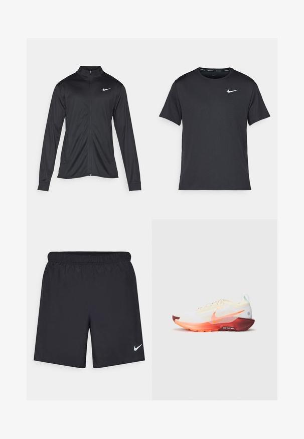 Juodas sportinis švarkas su ilgomis rankovėmis, apykakle ir pilnu užtrauktuku. Yra subtilus baltas Nike logotipas kairėje krūtinės pusėje. Lygus tekstūra.; Juodas Nike bėgimo marškinėlis, pagamintas iš lengvos, kvėpuojančios medžiagos, turintis trumpas rankoves ir mažą baltą logotipą ant krūtinės.; Juodos sportinės šortai, pagaminti iš lengvos medžiagos, su elastingu juosmeniu. Ant apatinės kairės pusės yra mažas baltas Nike logotipas.; Nike Performance REACTX PEGASUS 5 GTX - Bėgimo bateliai, skirti nelygiam paviršiui - sail/hyper crimson/glacier blue/dark team red/silt red