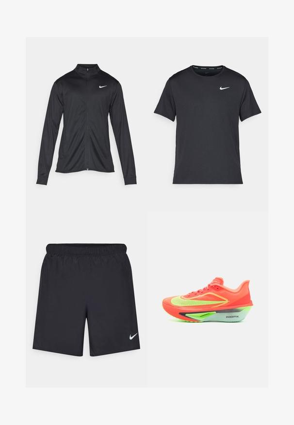 Črna atletska jakna z dolgimi rokavi, ovratnikom in polnim zadrgo. Vključuje diskreten bel Nike logotip na zgornjem levem delu prsnega koša. Gladka tekstura.; Črna tekaška majica Nike, izdelana iz lahkega in zračnega materiala, z kratkimi rokavi in majhnim belim logotipom na prsih.; Črne atletske kratke hlače iz lahkotnega materiala z elastičnim pasom. Imajo majhen bel Nike logo na spodnji levi strani.; Tekstilni copat za tek z svetlo oranžno zgornjimi deli, neon zelenimi akcenti, aerodinamičnim dizajnom in značilnim sivo-zelenim podplatom, označenim z "ZOOMX."