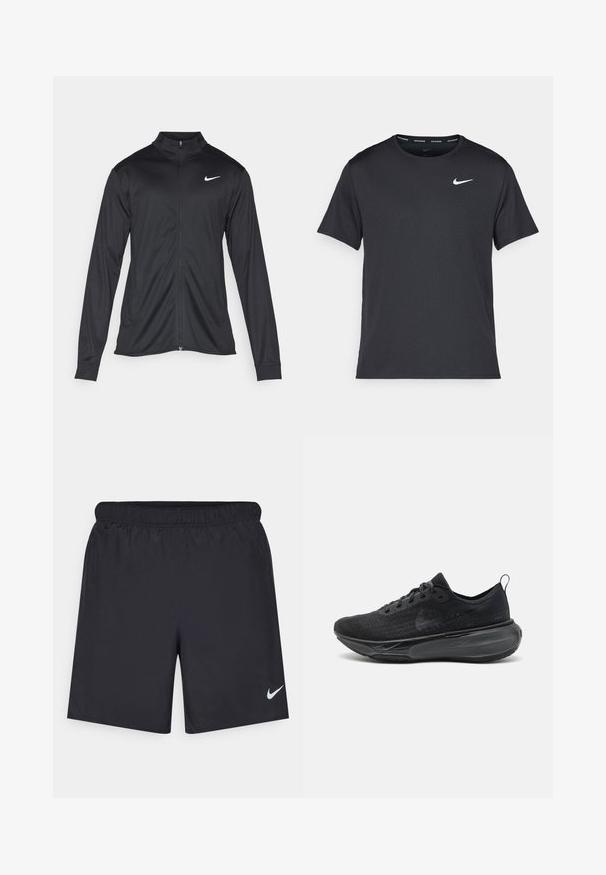 Veste de sport noire à manches longues, avec col et fermeture éclair intégrale. Présente un logo Nike subtil en blanc sur le côté supérieur gauche de la poitrine. Texture lisse.; T-shirt de course noir Nike en matériau léger et respirant, avec des manches courtes et un petit logo blanc sur la poitrine.; Shorts de sport noirs en matériau léger avec une taille élastique. Présente un petit logo Nike blanc sur le bas du côté gauche.; Baskets de course noires avec une tige en maille texturée, des lacets plats et une semelle épaisse et rembourrée. Dispose d'une boucle au niveau du talon pour un enfilage facile.