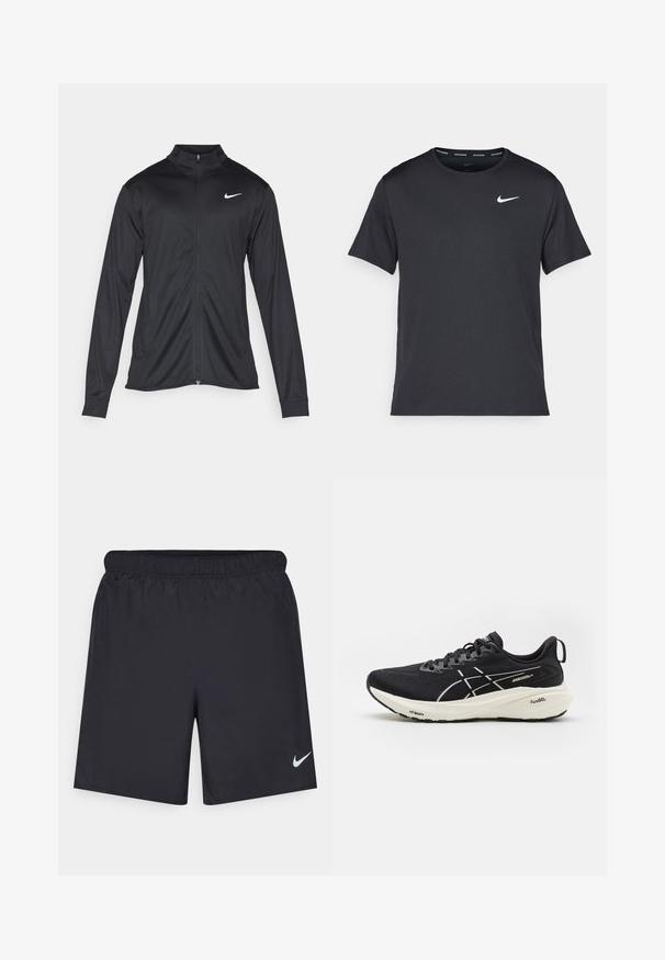 Giacca sportiva nera con maniche lunghe, colletto e zip completa. Presenta un logo Nike in bianco sulla parte superiore del lato sinistro del petto. Tessuto morbido.; Maglietta da corsa Nike nera realizzata in materiale leggero e traspirante, con maniche corte e un piccolo logo bianco sul petto.; Shorts sportivi neri realizzati in materiale leggero con vita elastica. Presentano un piccolo logo Nike bianco sul lato sinistro in basso.; Scarpa da corsa nera con tomaia in rete, dettagli bianchi, suola spessa e tecnologia di ammortizzazione visibile. Presenta lacci e un'anello di trazione sul tallone.
