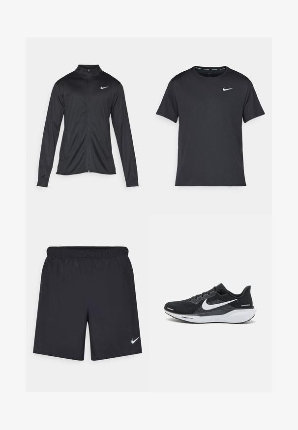 Musta urheilutakki pitkillä hihoilla, kauluksella ja kokonaisella vetoketjulla. Täydentää hienovarainen Nike-logo valkoisena vasemmassa ylärinnassa. Litteä pinta.; Musta Nike juoksupaita, joka on valmistettu kevyestä ja hengittävästä materiaalista. Paidassa on lyhyet hihnat ja pieni valkoinen logo rinnassa.; Mustat urheilushortsit, jotka on valmistettu kevyestä materiaalista ja joissa on joustava vyötärö. Alareunassa vasemmalla puolella on pieni valkoinen Nike-logo.; Musta urheilujalkine, jossa on verkkokangasyläosa, valkoinen Swoosh-logo, pehmustettu nilkkapanta ja vaimennettu pohja, jossa on "AIR ZOOM" -yksityiskohta ulkopohjassa.