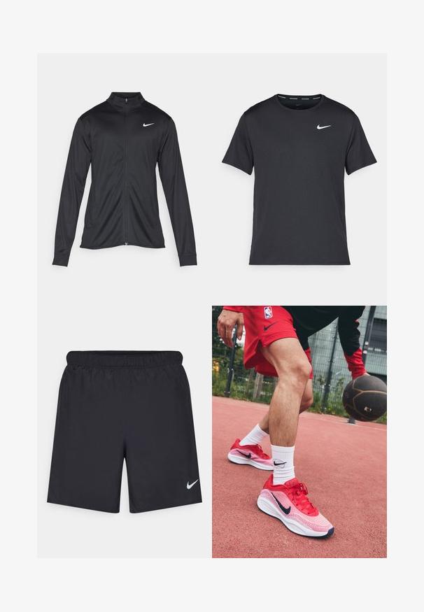 Černá sportovní bunda s dlouhými rukávy, límcem a plným zipem. Má decentní bílou logo značky Nike na horní levé části hrudi. Hladká textura.; Černé běžecké tričko Nike vyrobené z lehkého a prodyšného materiálu, s krátkými rukávy a malým bílým logem na hrudi.; Černé sportovní šortky vyrobené z lehkého materiálu s elastickým pasem. Na spodní levé straně mají malé bílé logo Nike.; Červené lehké basketbalové boty s síťovaným designem a kontrastními námořnickými akcenty, zkombinované s bílými ponožkami s černým logem.
