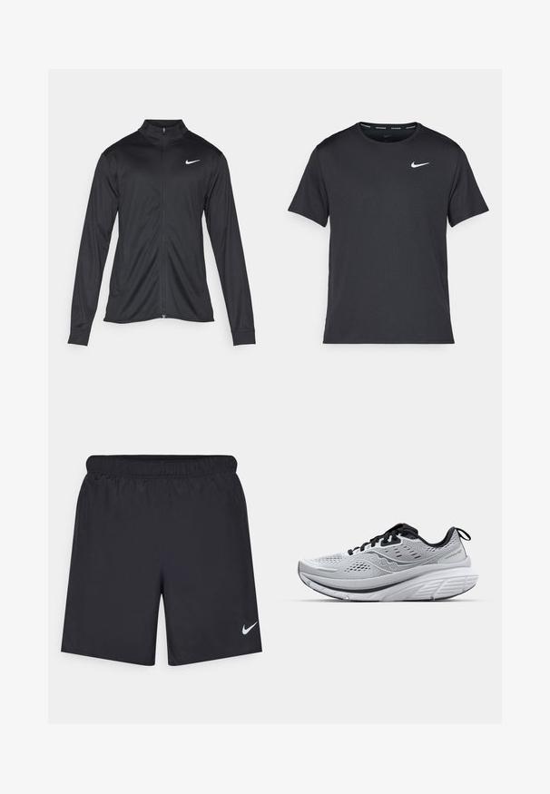 Čierna športová bunda s dlhými rukávmi, golierom a plným zipsom. Obsahuje nenápadné logo Nike v bielej farbe na hornej ľavej hrudi. Hladká textúra.; Čierne bežecké tričko Nike vyrobené z ľahkého a priedušného materiálu, s krátkymi rukávmi a malým bielym logom na hrudi.; Čierne atletické šortky z ľahkého materiálu s elastickým pásom. Na dolnej ľavej strane majú malé biele logo Nike.; Ľahké bežecké topánky v šedej sieťovine, ktoré majú polstrovaný golier, čierne akcenty a hrubú bielu medzipodrážku s textúrovanou protišmykovou podrážkou.