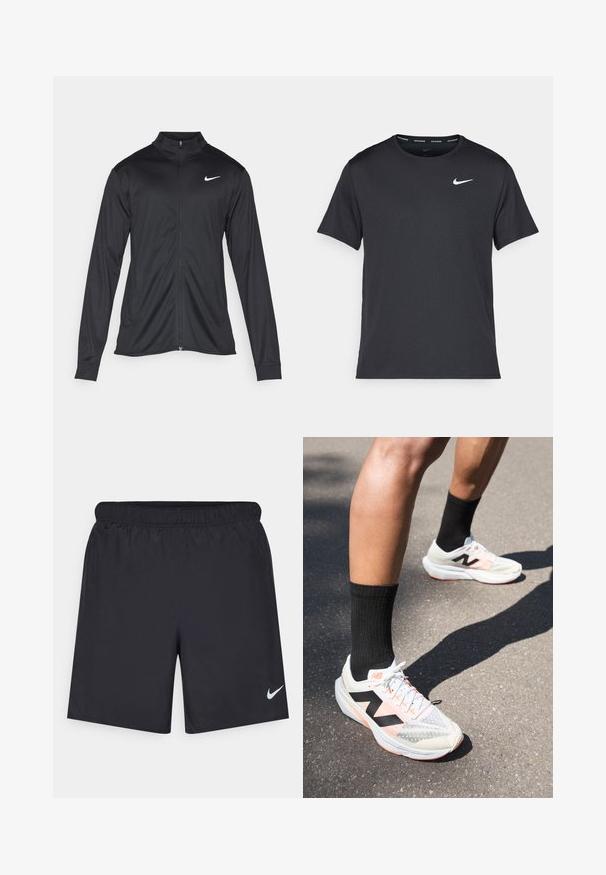 Juodas sportinis švarkas su ilgomis rankovėmis, apykakle ir pilnu užtrauktuku. Yra subtilus baltas Nike logotipas kairėje krūtinės pusėje. Lygus tekstūra.; Juodas Nike bėgimo marškinėlis, pagamintas iš lengvos, kvėpuojančios medžiagos, turintis trumpas rankoves ir mažą baltą logotipą ant krūtinės.; Juodos sportinės šortai, pagaminti iš lengvos medžiagos, su elastingu juosmeniu. Ant apatinės kairės pusės yra mažas baltas Nike logotipas.; Balti ir pilki sportiniai bateliai su juodais akcentais, turintys tinklo viršutinę dalį, atspindinčius elementus ir lengvą pado struktūrą, derinami su juodomis kojinėmis.