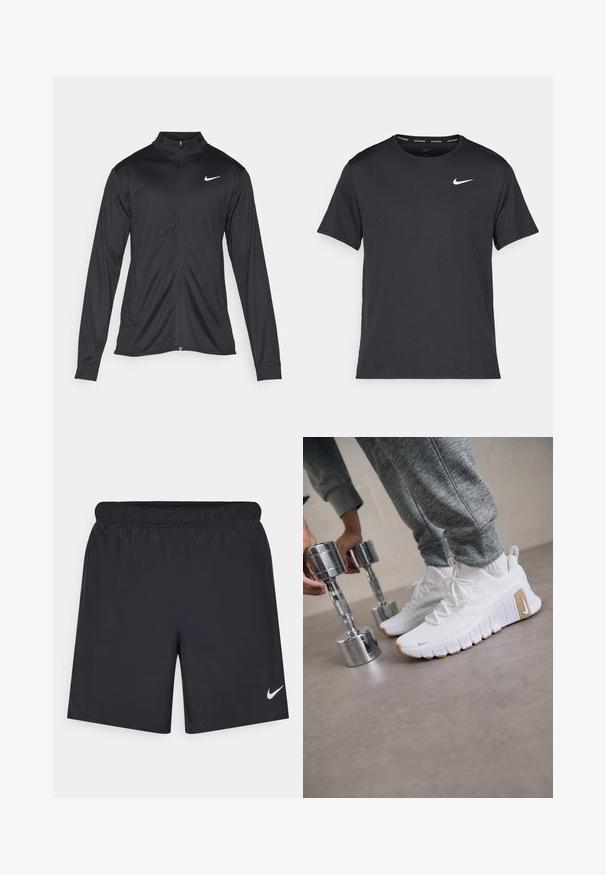 Melna sporta jaka ar garām piedurknēm, apkakli un pilnu rāvējslēdzēju. Uz kreisā krūts augšdaļas ir maigs Nike logo baltā krāsā. Gluda tekstūra.; Melna Nike skriešanas T-kreklā, kas izgatavots no viegla un elpojoša materiāla, ar īsām piedurknēm un mazu baltu logo uz krūtīm.; Melnas sporta šorti, izgatavoti no viegla materiāla, ar elastīgu jostu. Uz apakšējā kreisā stūra ir neliels balts Nike logo.; Baltie sporta apavi ar strukturētu virsu, plakanu gumijas zoli un gaiši brūniem akcentiem. Sudraba hanteles priekšplānā. Pelēkas sporta bikses redzamas.