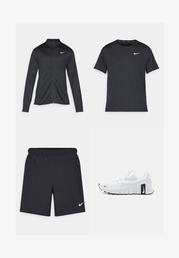Černá sportovní bunda s dlouhými rukávy, límcem a plným zipem. Má decentní bílou logo značky Nike na horní levé části hrudi. Hladká textura.; Černé běžecké tričko Nike vyrobené z lehkého a prodyšného materiálu, s krátkými rukávy a malým bílým logem na hrudi.; Černé sportovní šortky vyrobené z lehkého materiálu s elastickým pasem. Na spodní levé straně mají malé bílé logo Nike.; Bílé sportovní boty s texturovaným textilním svrškem, flexibilní podrážkou a černými akcenty. Mají zaoblenou špičku a zesílenou strukturu paty.