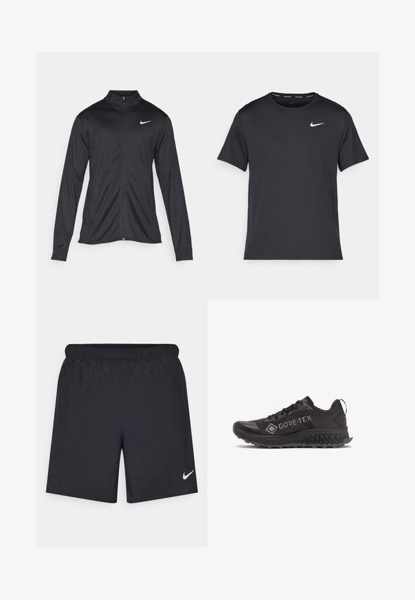 Sort atletisk jakke med lange ærmer, krave og fuld lynlås. Har et diskret Nike-logo i hvidt på den øverste venstre side af brystet. Glat tekstur.; Sort Nike løbe T-shirt lavet af let, åndbart materiale, med korte ærmer og et lille hvidt logo på brystet.; Sorte atletiske shorts lavet af letvægtsmateriale med en elastisk talje. Har et lille hvidt Nike-logo i nederste venstre hjørne.; Sort Gore-Tex løbesko med hexagonalmønstret sål og trækstrop ved hælen, set fra ydersiden.