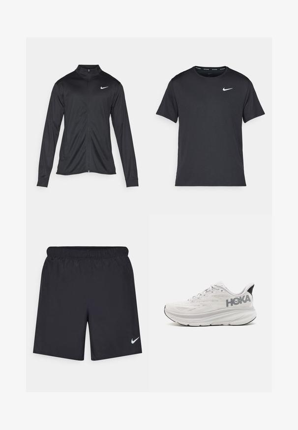 Jachetă sportivă neagră cu mâneci lungi, guler și fermoar complet. Prezintă un logo Nike subtil, alb, pe pieptul din stânga sus. Textură netedă.; Tricou de alergare Nike negru, fabricat dintr-un material ușor și respirabil, cu mâneci scurte și un mic logo alb pe piept.; Pantaloni scurți atletici negri, fabricați dintr-un material ușor, cu un talie elastică. Au un mic logo alb Nike în partea stângă jos.; HOKA CLIFTON 9 - Pantofi de alergare pe asfalt - nimbus cloud/steel wool
