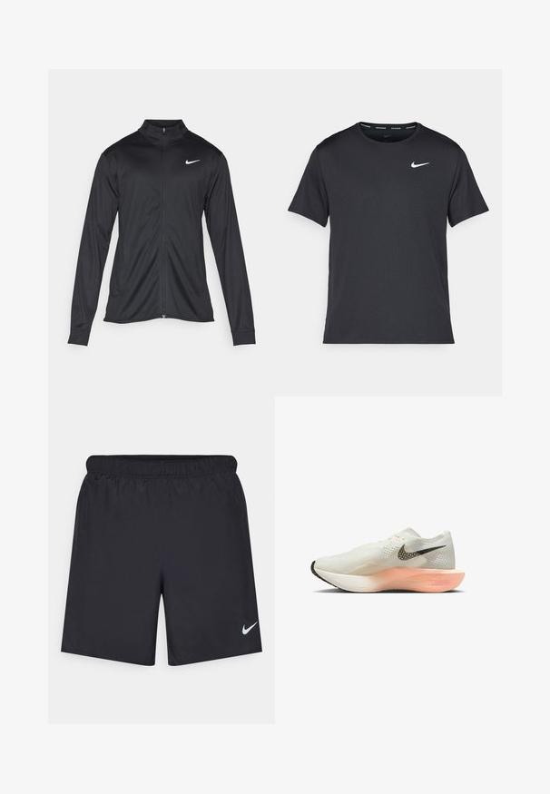 Czarna sportowa kurtka z długimi rękawami, kołnierzem i pełnym zamkiem. Posiada subtelne logo Nike w białym kolorze na lewej górnej części klatki piersiowej. Gładka tekstura.; Czarna koszulka do biegania Nike z lekkiego, oddychającego materiału, z krótkimi rękawami i małym białym logo na piersi.; Czarne spodenki sportowe wykonane z lekkiego materiału, z elastycznym pasem. Posiadają małe białe logo Nike na dolnej lewej stronie.; Lekki but biegowy z białej siateczki z czarnym znakiem Nike, różową podeszwą środkową, teksturowanym cholewką i zakrzywioną białą podeszwą.